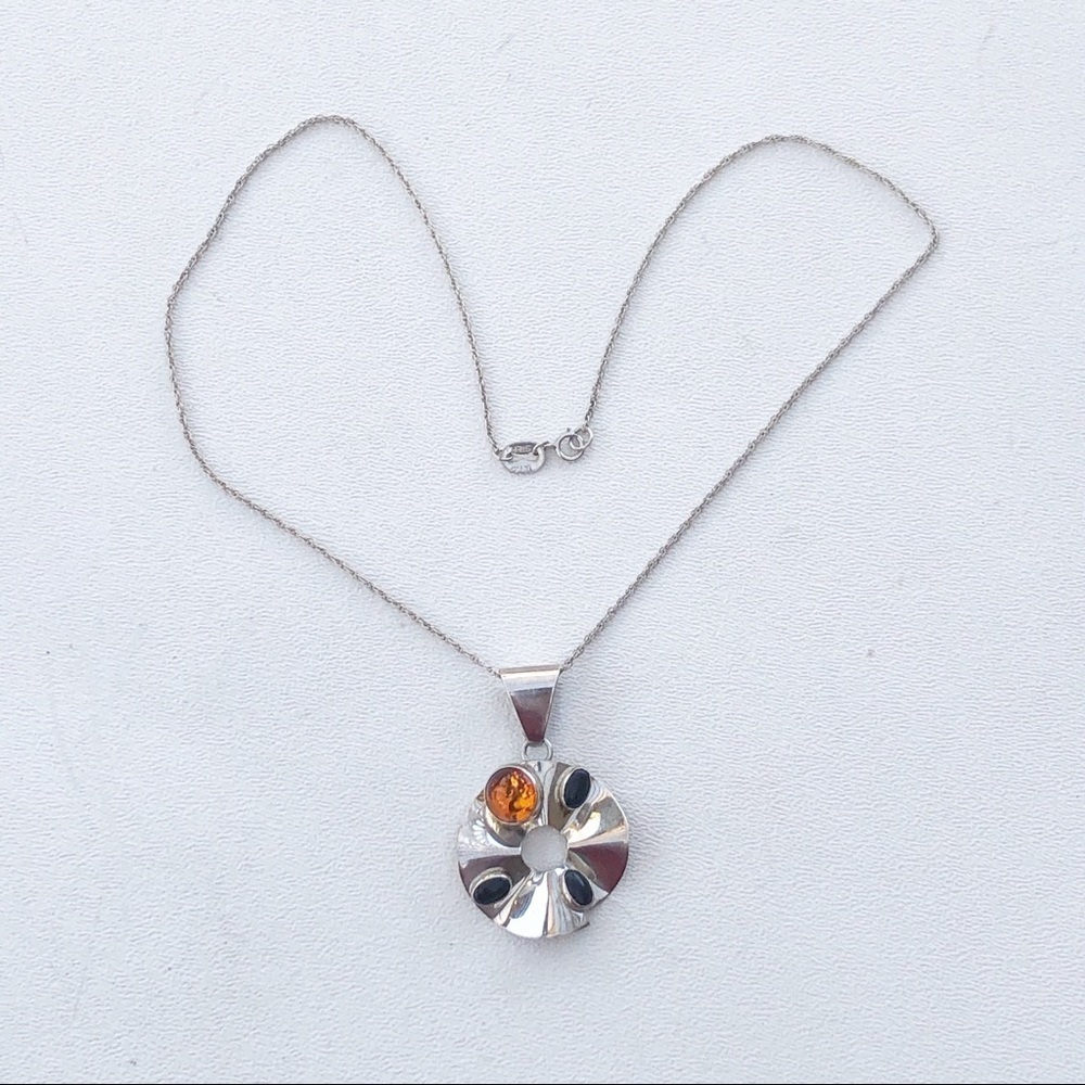 Sterling Siver Necklace Pendant Circle Disc Amber - Picture 2 of 7